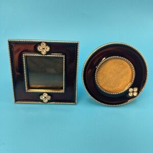 Decorative Mini Picture Frame & Trinket Dish Set Burgundy Gold Rhinestone Accent